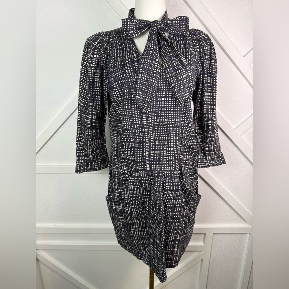 GLAM Navy Grid Print Bow Tie Neck Mini Dress Mod Retro Puff Sleeve Pocket  Med